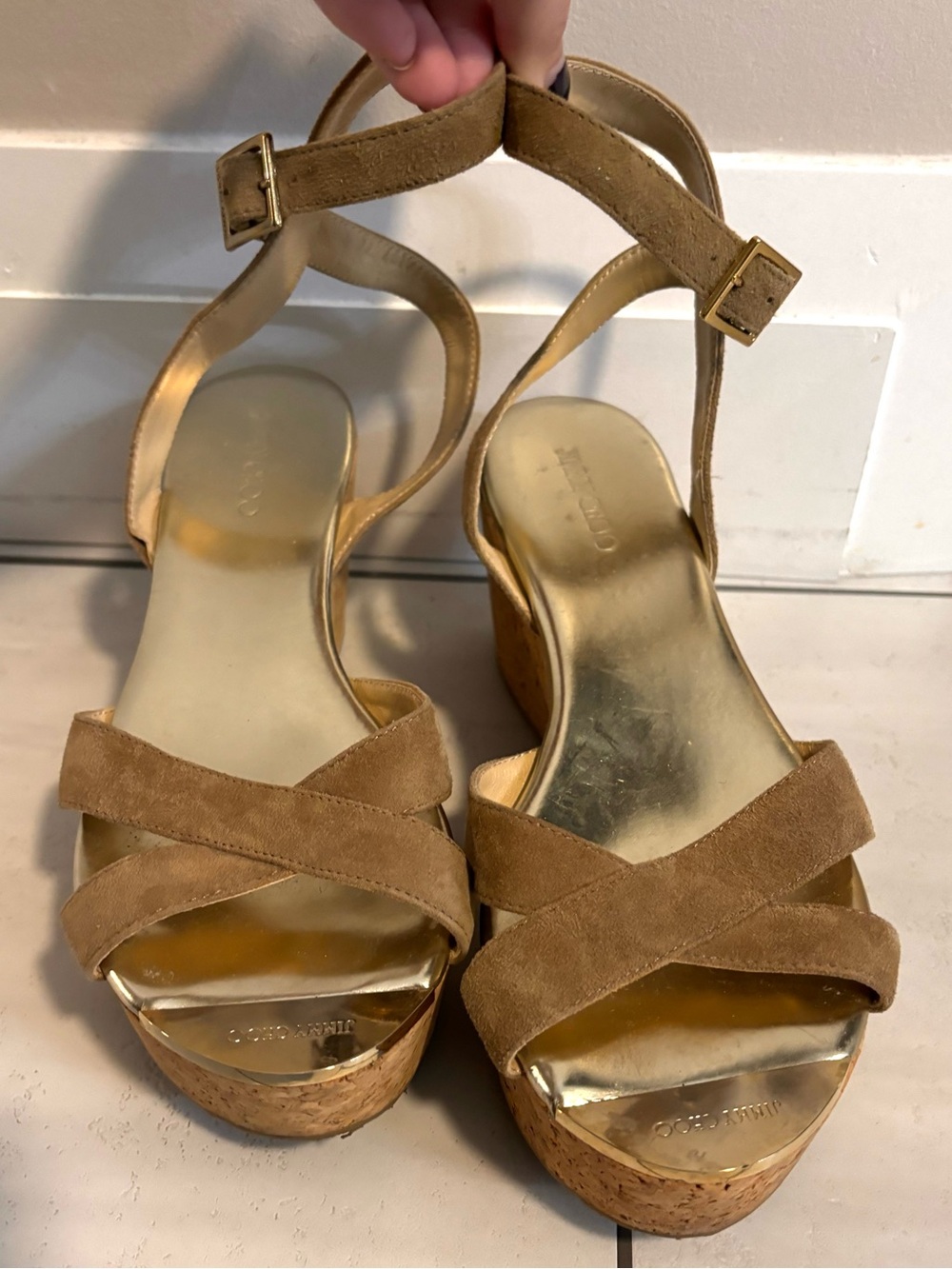 JIMMY CHOO Suede Cork Wedge Sandals